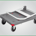 Folding trolley for staging platforms and riser legs.